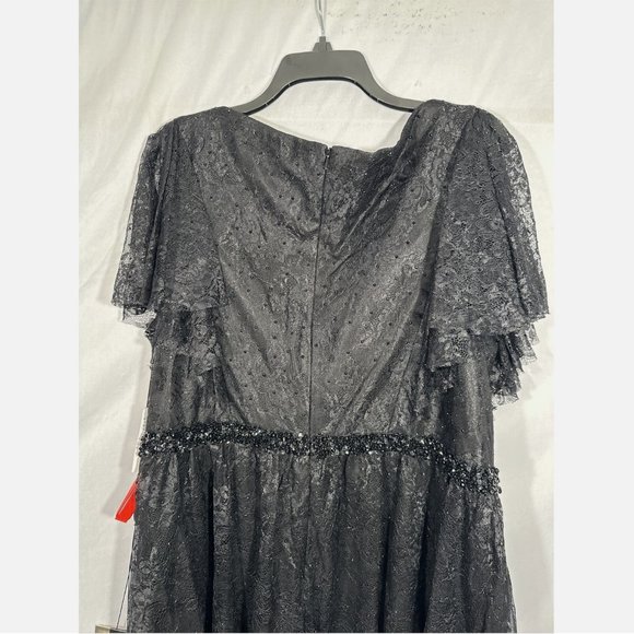 NWT Mac Duggal‎ [ 22W ] Lace Short Sleeve V-Neck Cocktail Midi Dress Black - Picture 9 of 15